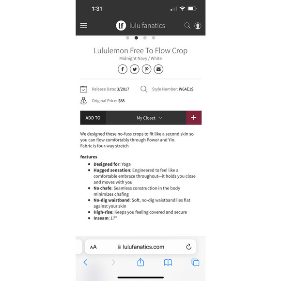 Lululemon Free To Flow High Rise Crop Legging / Active Wear - Picture 12 of 13